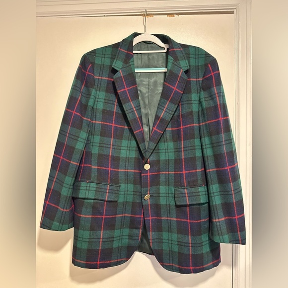 Vintage 60s/70s Men’s Blue/Green/ Red Tartan Plaid Wool Single Breast Blazer.
